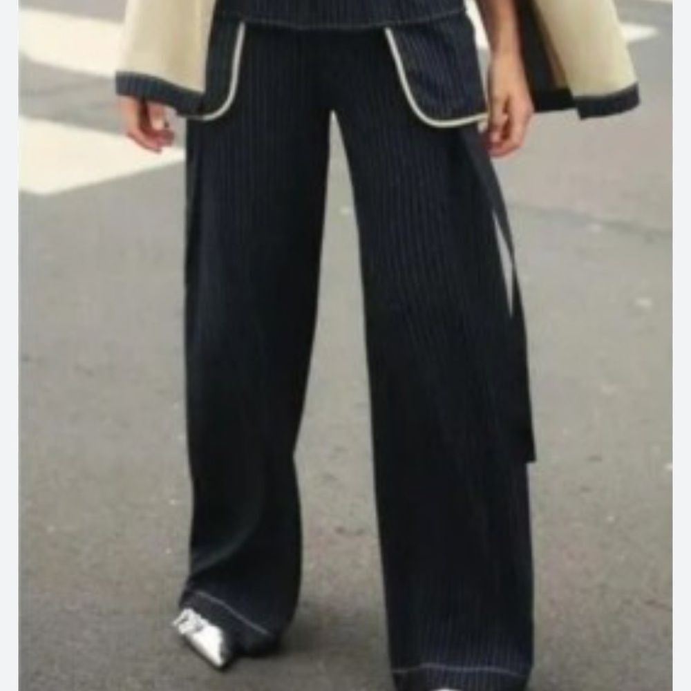 Zara Black Pinstripe Wide Leg Pants with Beige Trim